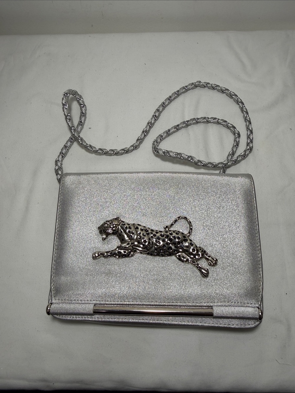 Metallic Silver Leopard Accent Crossbody Bag